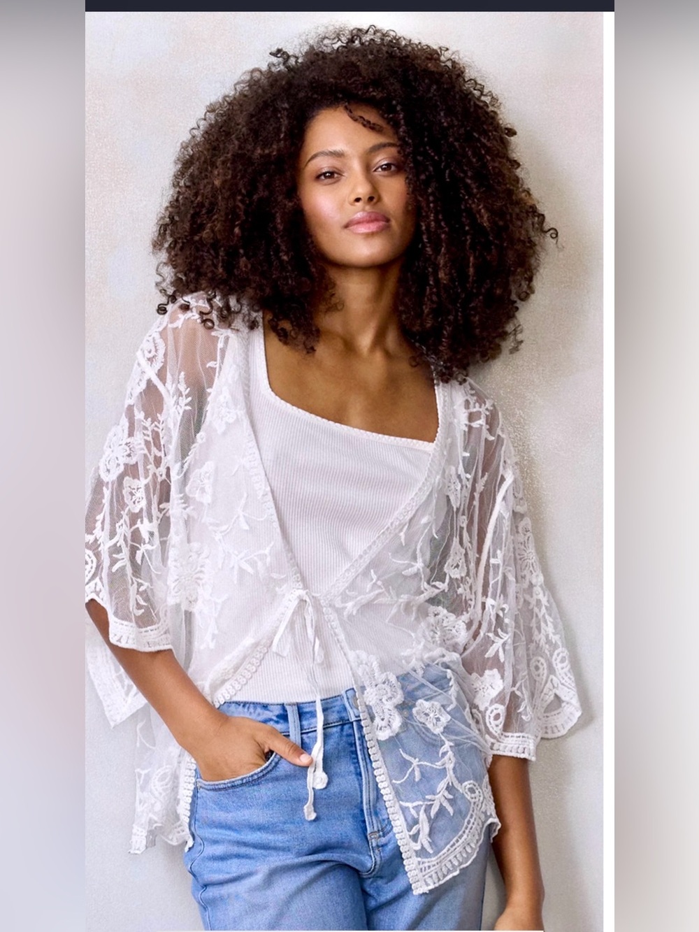 LC Lauren Conrad White Floral Lace Sheer Kimono
